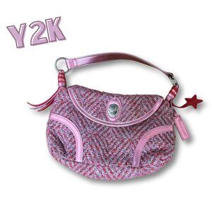 Y2K 90s Mini Bag Tweed Twill Striped Preppy Star Pink Latch Fringe Lined Purse